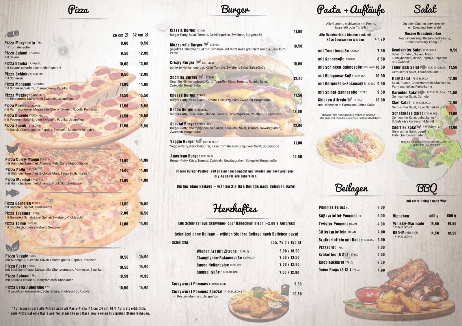 Speisekarte mit Pizza, Burgern, Pasta, Salaten und Schnitzel